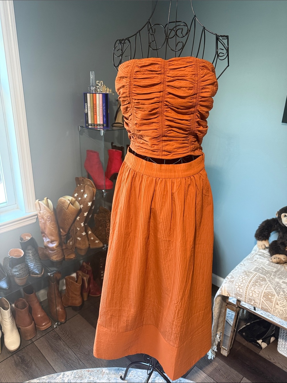 House of Harlow 1960 Rust Orange Ruched Strapless Midi Skirt Set